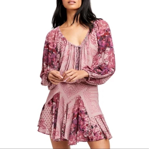 Free people seven wonders pink floral balloon sleeve ruffle hem mini dress - Picture 1 of 15